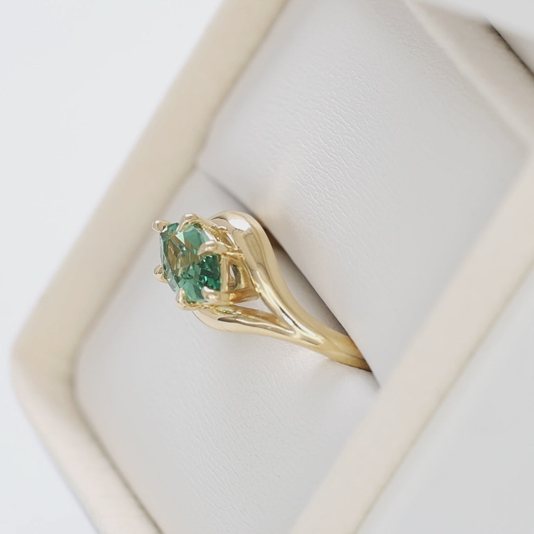 monica solitaire ring in yellow gold with juniper green lab sapphire baroness marquise