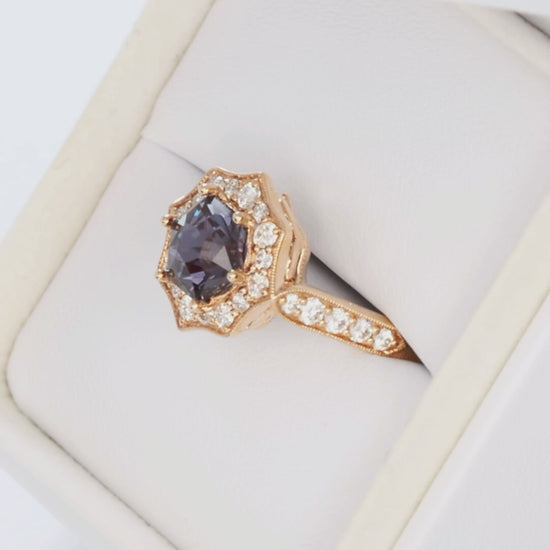 Violet art deco halo ring in rose gold with hex cut lab alexandrite