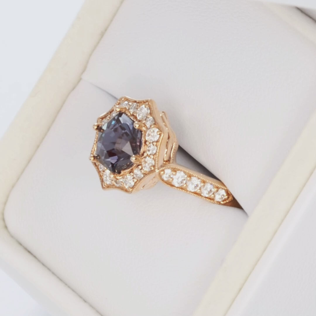 Violet art deco halo ring in rose gold with hex cut lab alexandrite