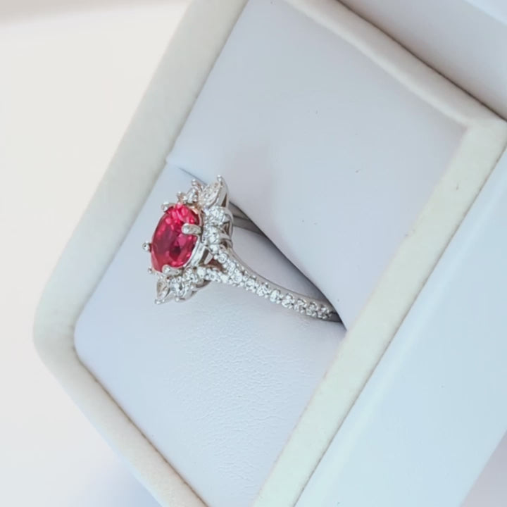 white gold luna engagement ring with oval lab ruby