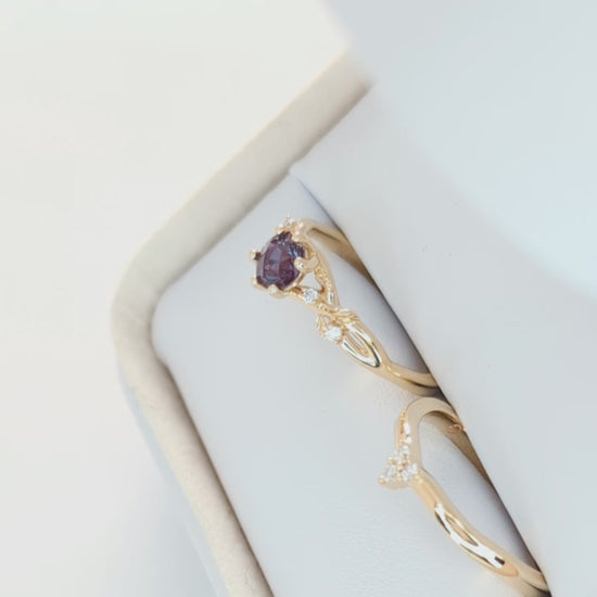 lillian nature inspired wedding set with round lab alexandrite