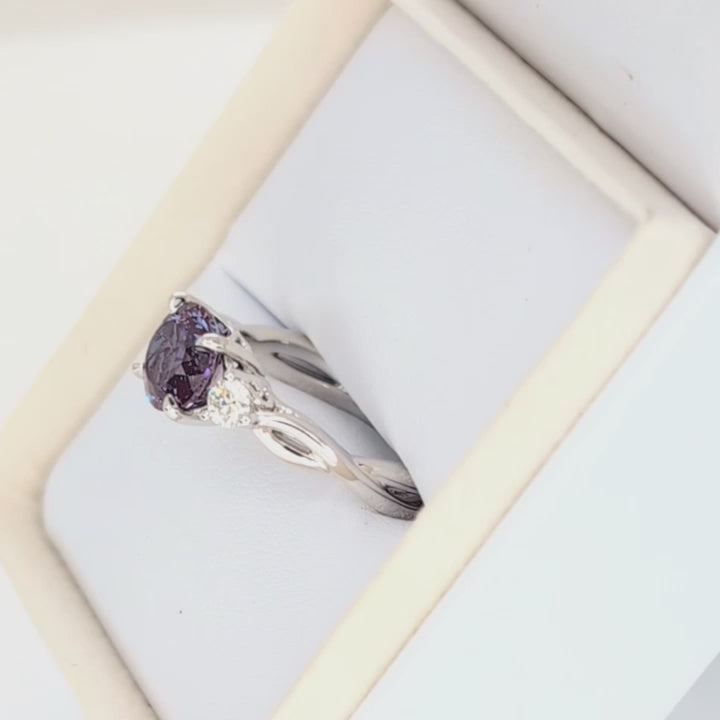 ines three stone engagement ring in white gold with round lab alexandrite