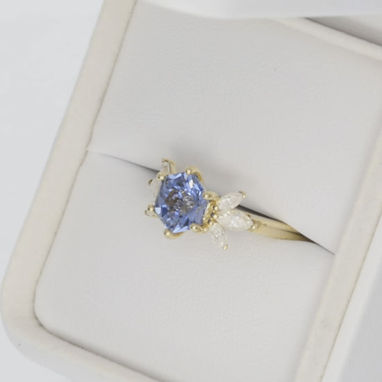 enya accented engagement ring with blue hex cut lab sapphire in yellow gold
