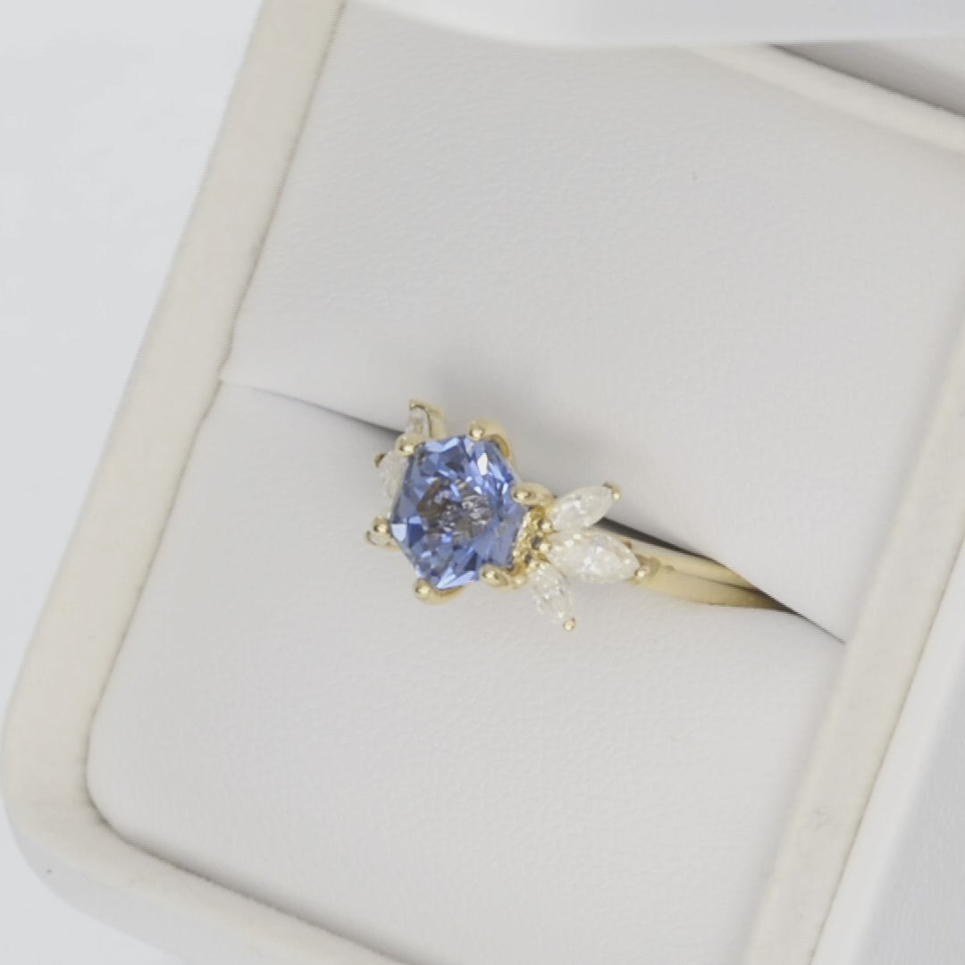 enya accented engagement ring with blue hex cut lab sapphire in yellow gold