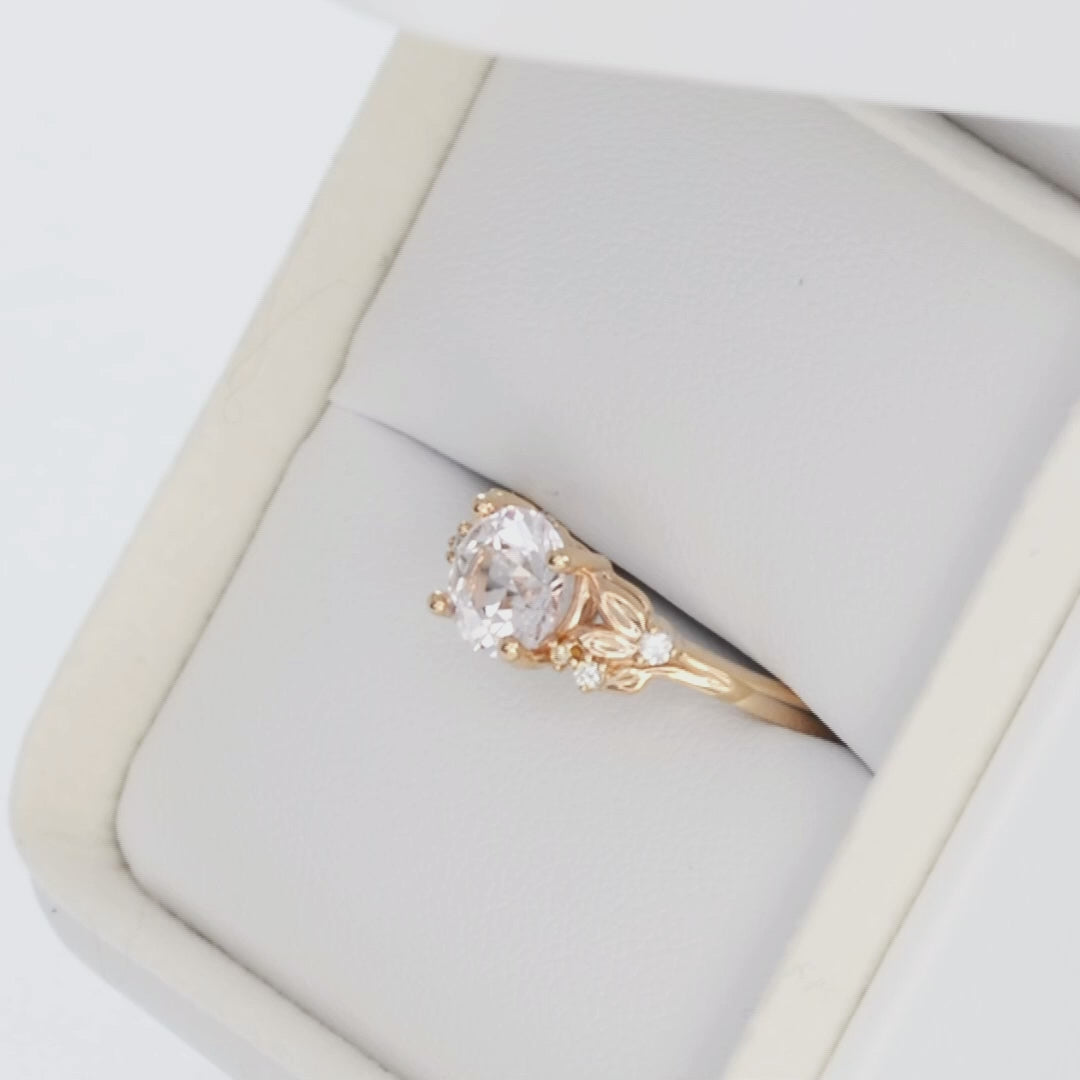 kinsley nature inspired wedding set in rose gold with pink round lab sapphire