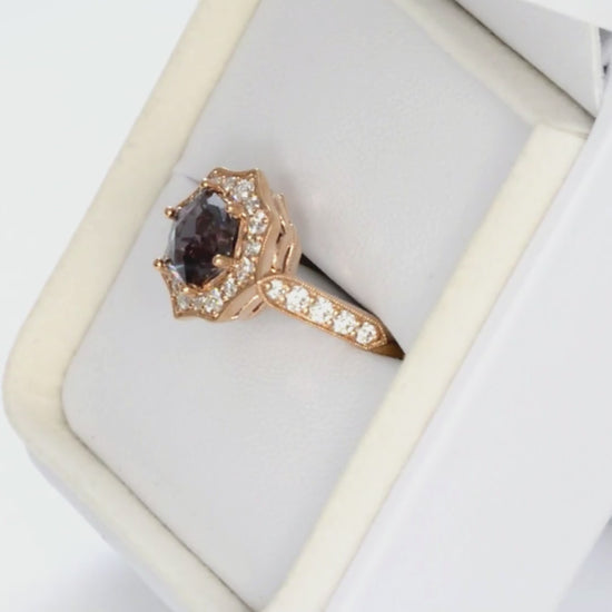 violet art deco halo engagement ring with hex cut lab alexandrite