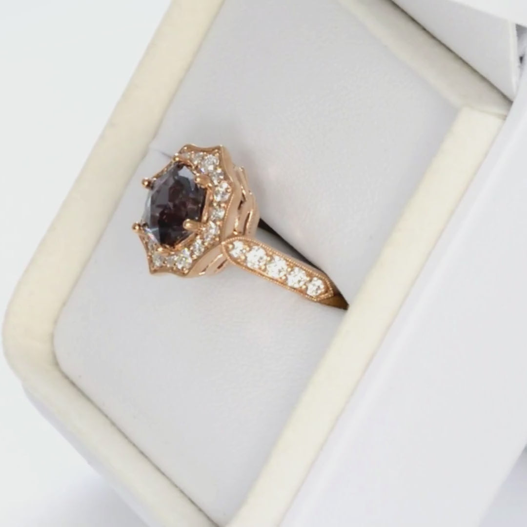 violet art deco halo engagement ring with hex cut lab alexandrite