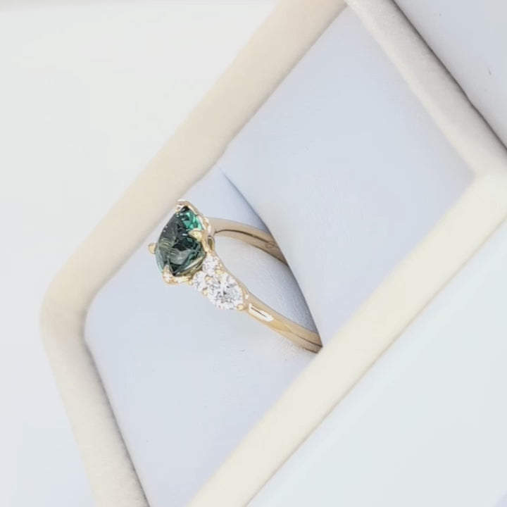 teagan 3 stone ring with cushion green lab sapphire