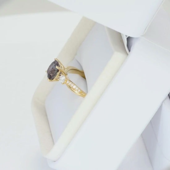 giselle accented three stone ring in yellow gold with cushion lab alexandrite