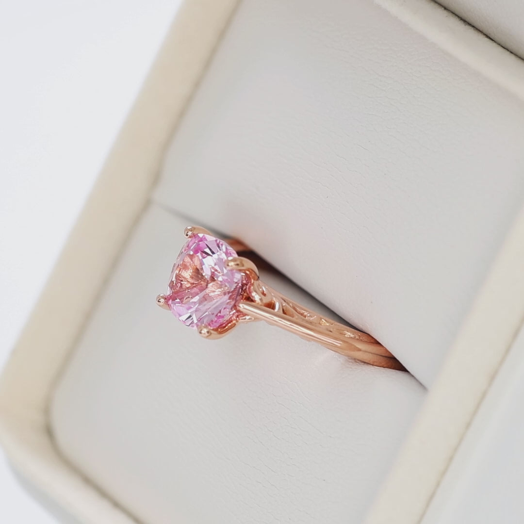 lyric solitaire ring in rose gold with blush pink lab sapphire nova cushion