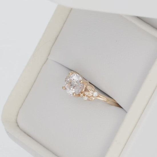 nature inspired engagement ring with pink round lab sapphire