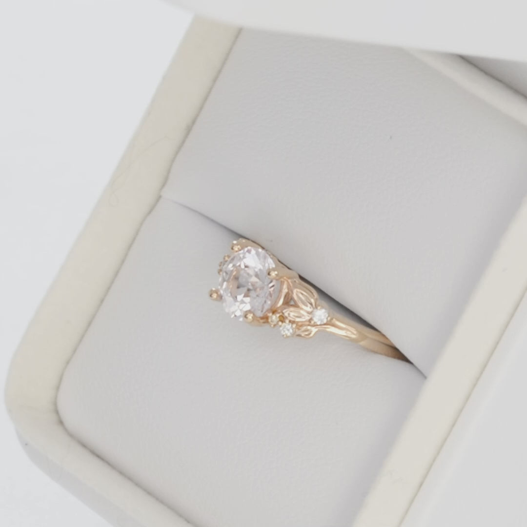 nature inspired engagement ring with pink round lab sapphire