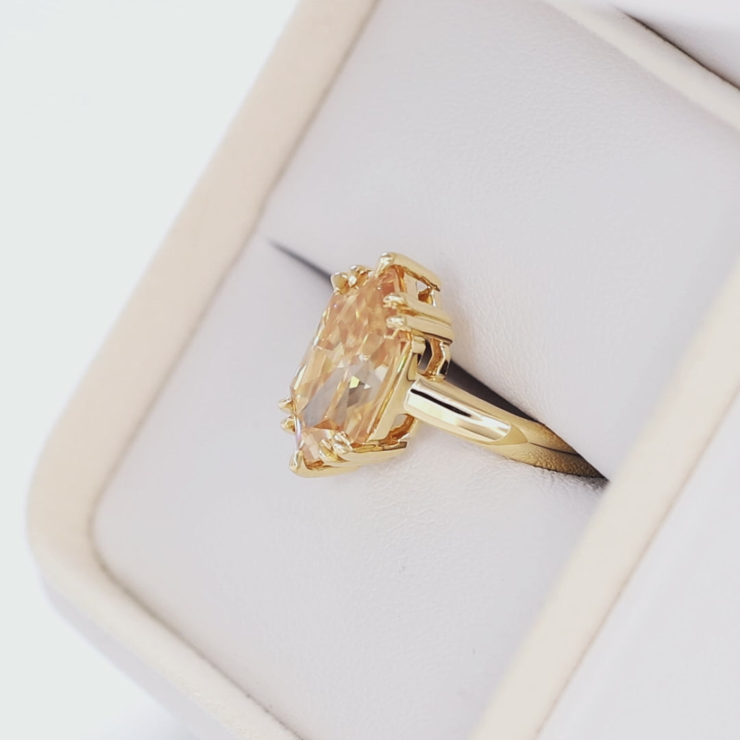 chandra solitaire ring in yellow gold with champagne dutch marquise moissanite