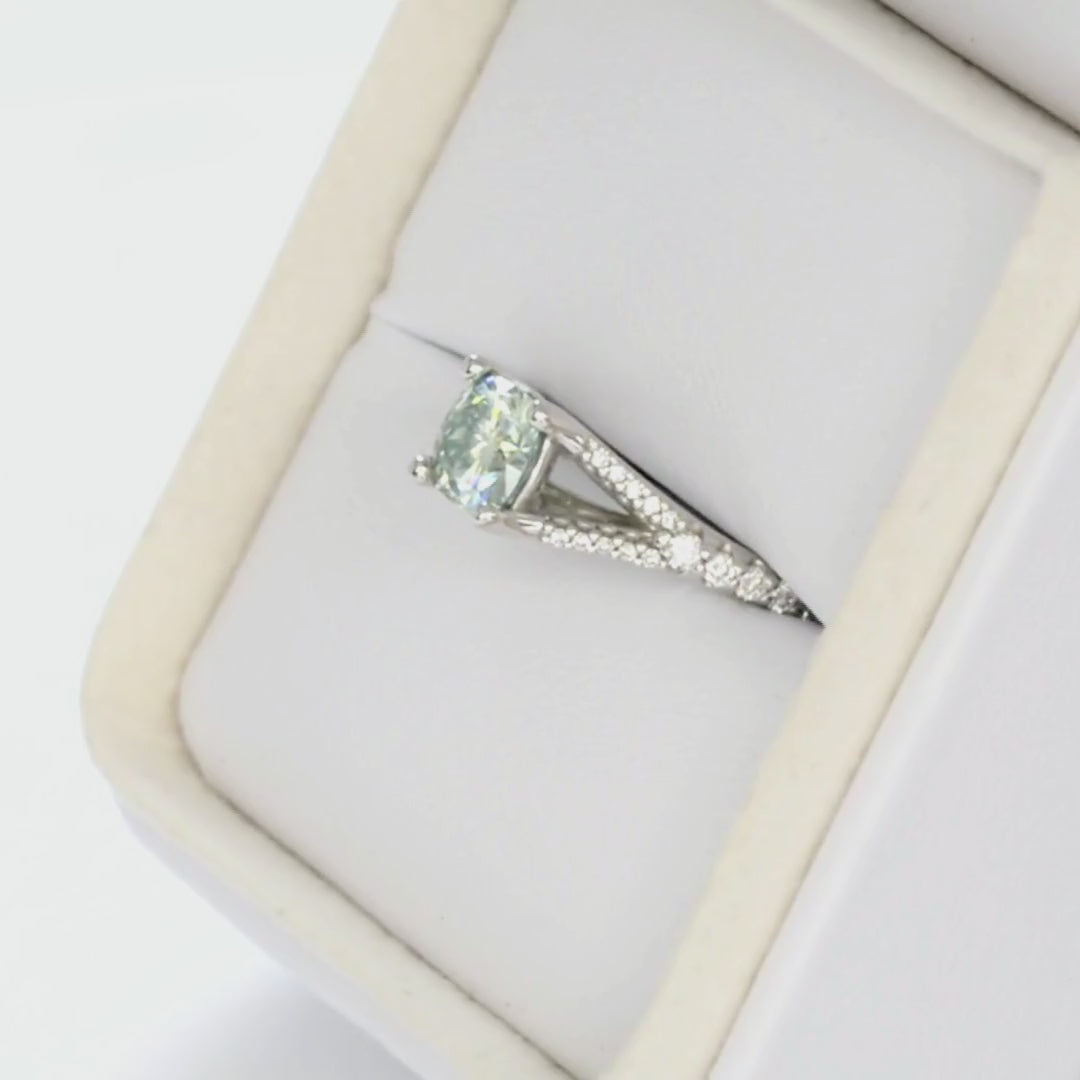 cyres accented split shank engagement ring with cushion green moissanite