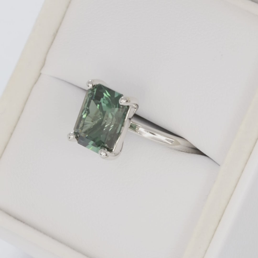 cali solitaire ring in platinum with radiant green lab sapphire