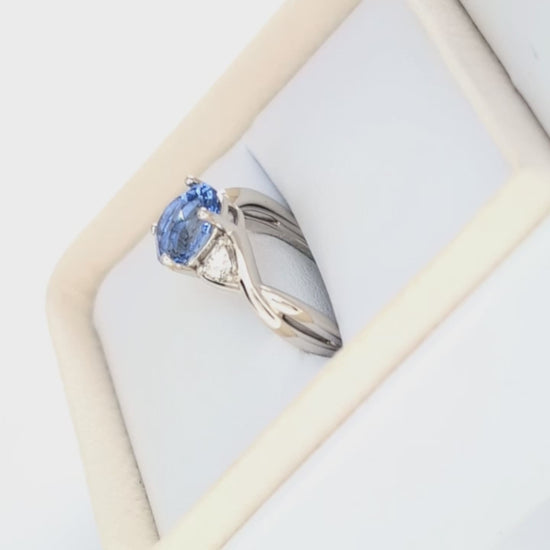 rosa three stone ring with oval blue lab sapphire