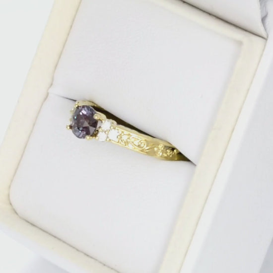 alice nature inspired engagement ring with round lab alexandrite in yellow gold