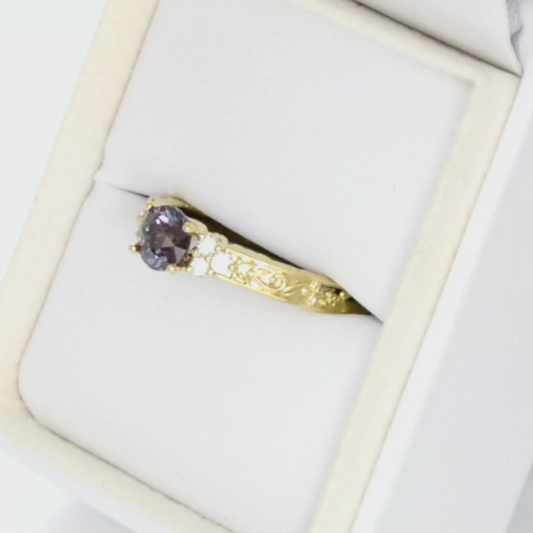 alice nature inspired engagement ring with round lab alexandrite in yellow gold