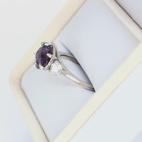 inara three stone engagement ring with round lab alexandrite