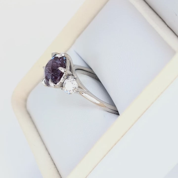 inara three stone engagement ring with round lab alexandrite