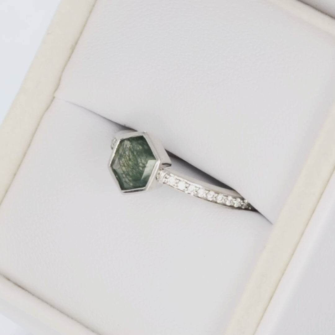 carol bezel accented ring in white gold with hex cut green moss agate