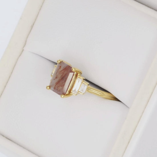 journey accented ring in yellow gold with red step cut moss agate