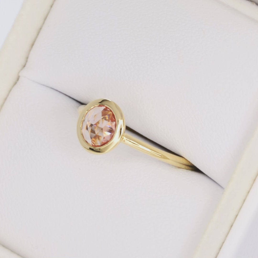 baila bezel solitaire in yellow gold with rose cut peach lab sapphire
