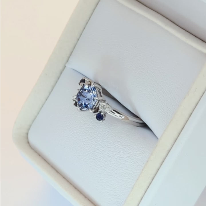 custom asymmetrical ring with hex cut blue lab sapphire