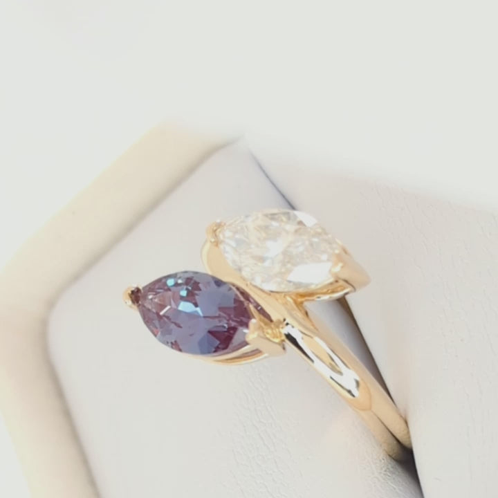 toi et moi ring with lab alexandrite and white moissanite marquise