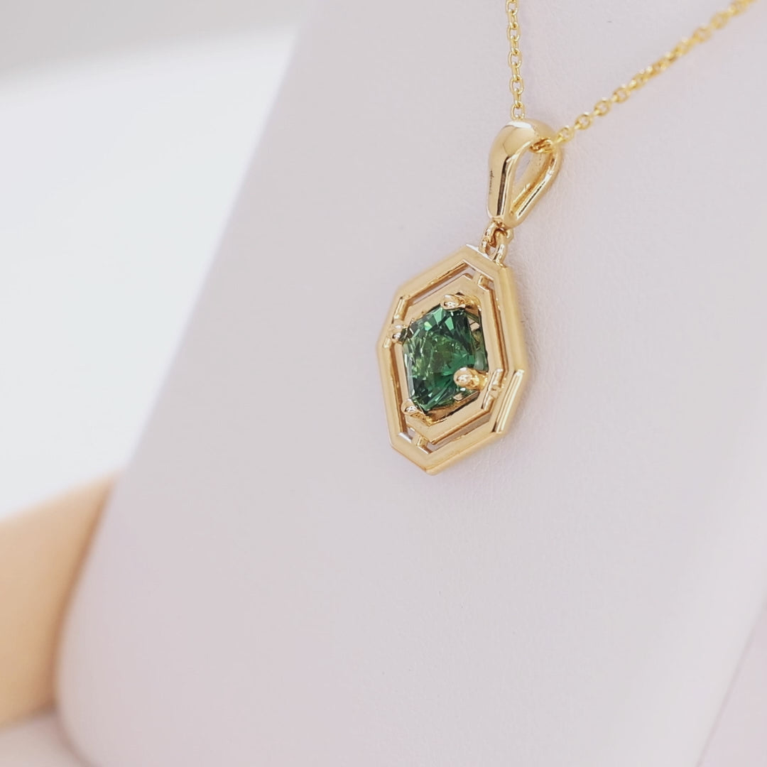 milan geometric necklace in yellow gold with green lab sapphire asscher