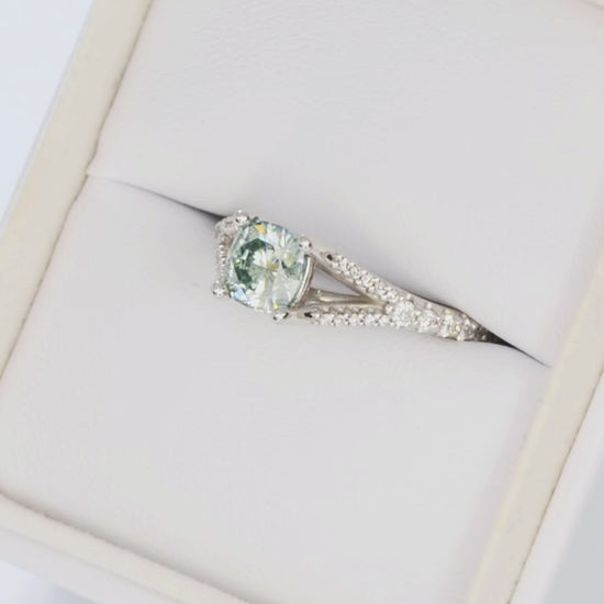 cyres accented split shank ring in white gold with cushion blue-green moissanite