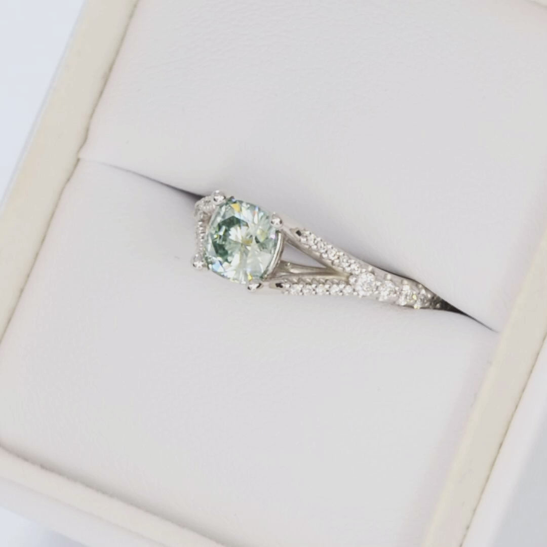 cyres accented split shank ring in white gold with cushion blue-green moissanite