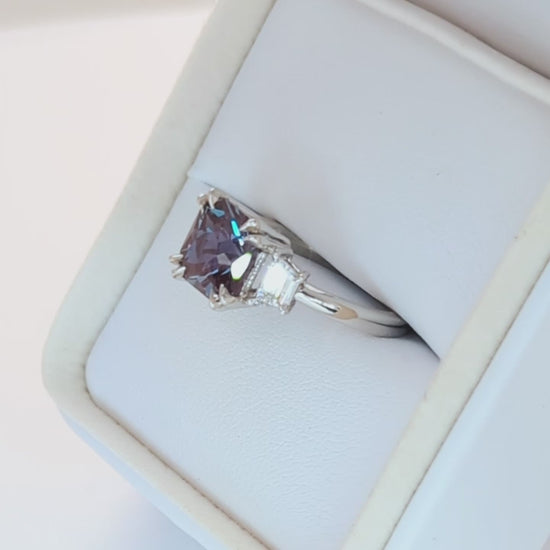 winona three stone engagement ring with asscher lab alexandrite
