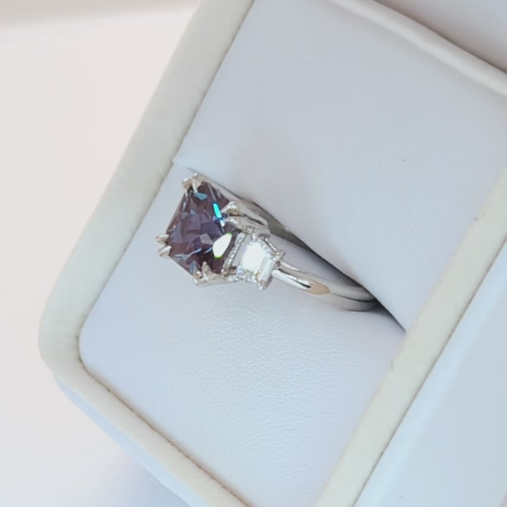 winona three stone engagement ring with asscher lab alexandrite