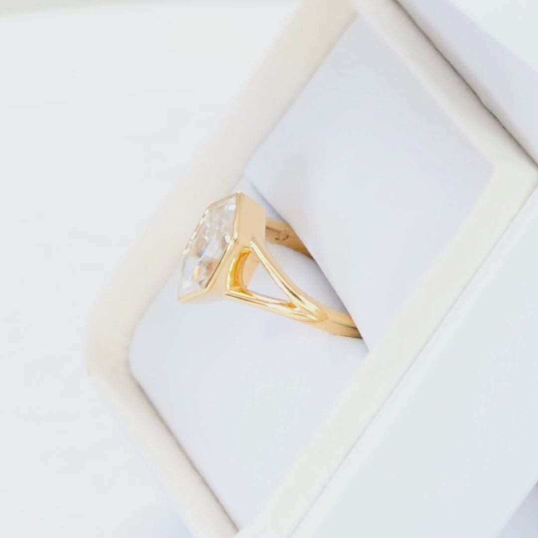 shion solitaire split shank ring in yellow gold with dutch marquise moissanite