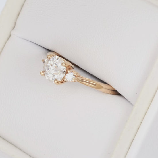 carina three stone ring in rose gold with round white lab sapphire
