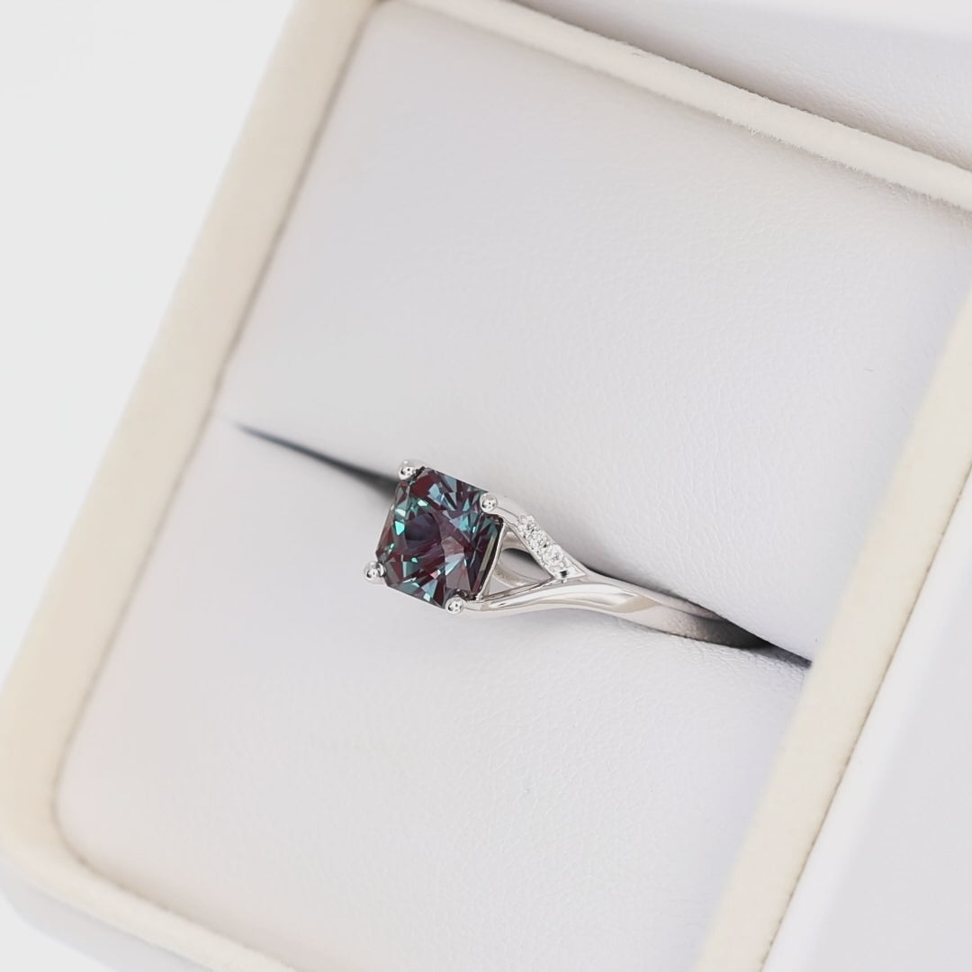 jada split shank solitaire in white gold with asscher lab alexandrite