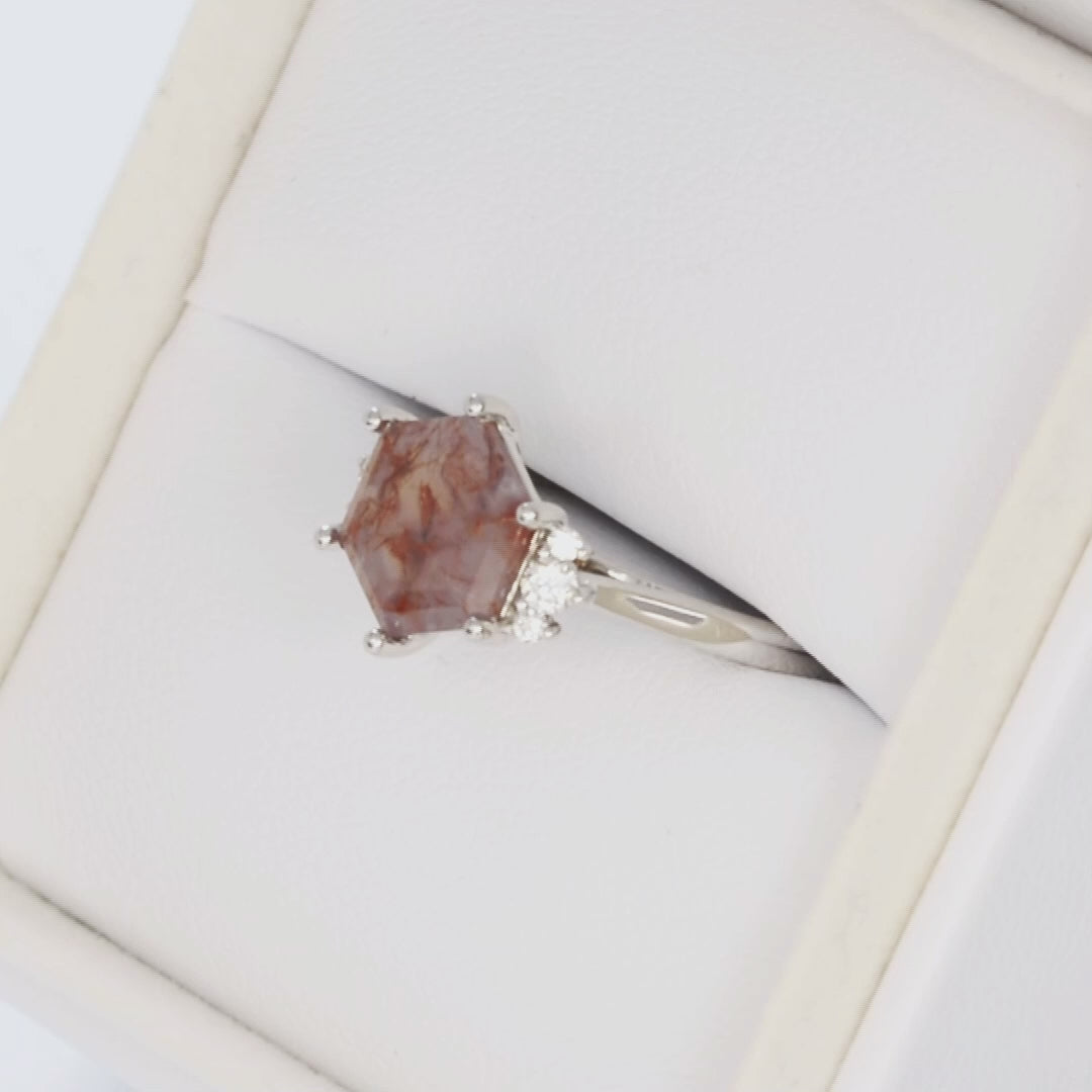 eclipse accented ring in white gold with hex cut red moss agate