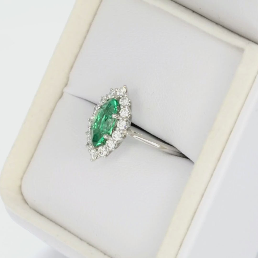 calypso halo ring with marquise lab emerald in white gold