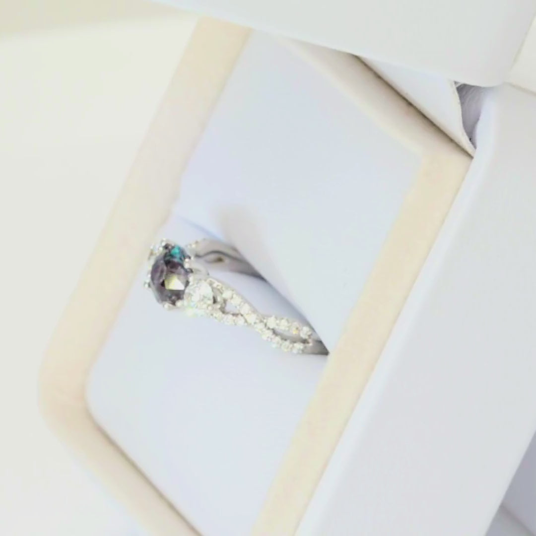 louella accented three stone ring in white gold with round lab alexandrite
