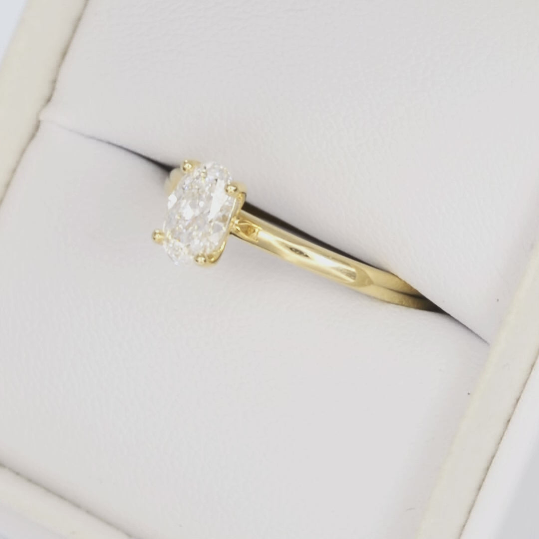 serene solitaire ring in yellow gold with oval lab diamond