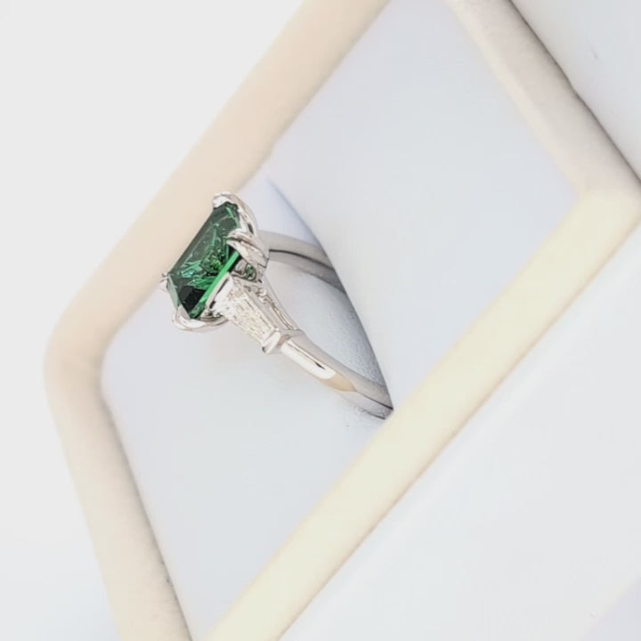 elyna three stone ring with green lab sapphire step cut