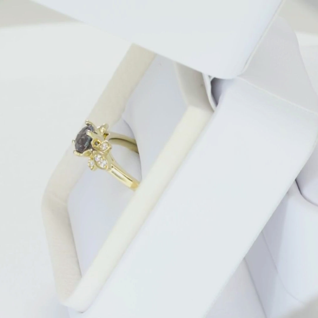 azalea nature inspired ring in yellow gold with round lab alexandrite