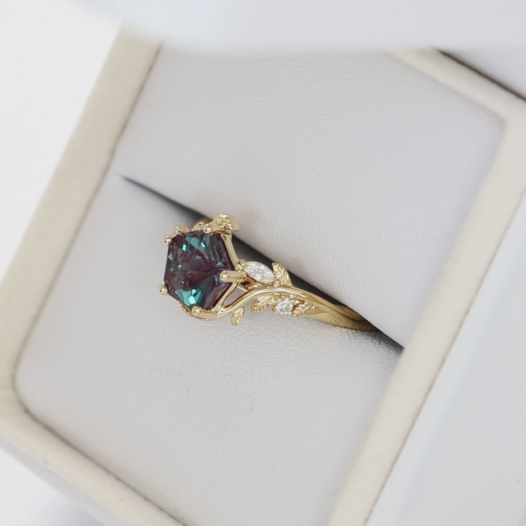 airam nature inspired ring in yellow gold with hanami flower lab alexandrite