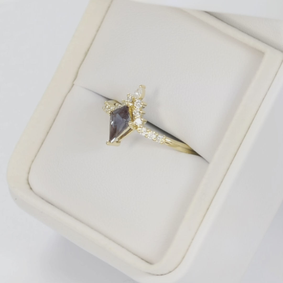 sadie half halo engagement ring in yellow gold with kite cut lab alexandrite