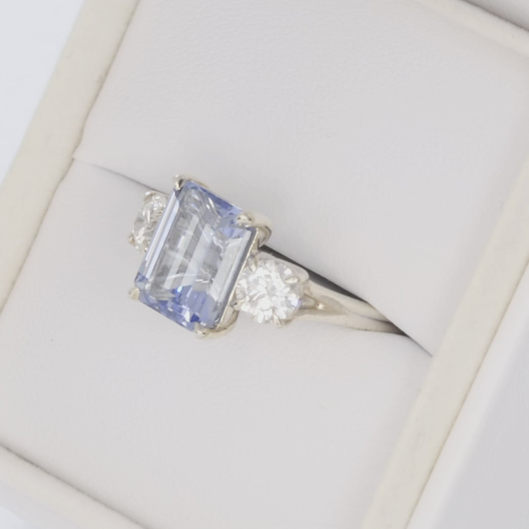 rylee three stone ring with step cut blue lab sapphire in silver