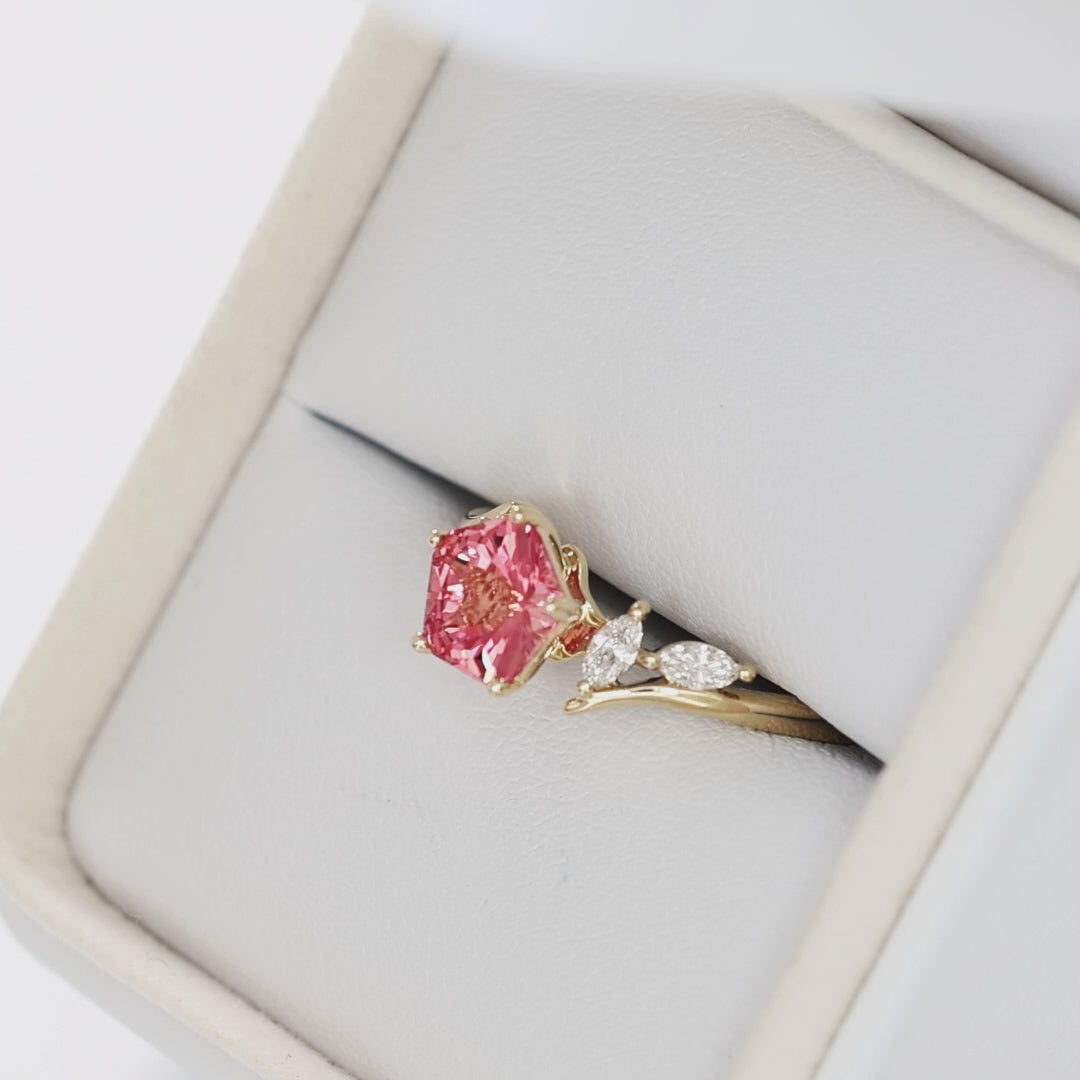 saige bypass ring in yellow gold with pink peony hanami flower lab sapphire
