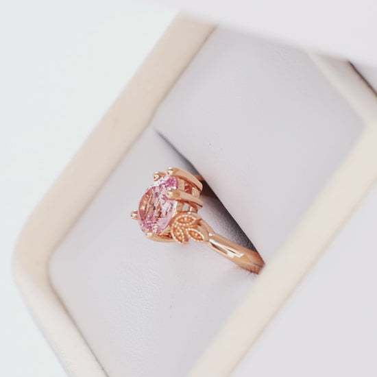 paloma milgrain solitaire ring in rose gold with peach lab sapphire pear