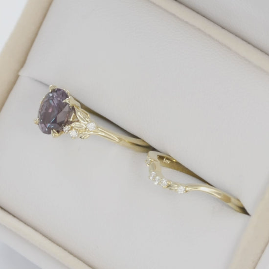 kinsley nature inspired wedding set in yellow gold with oval lab alexandrite