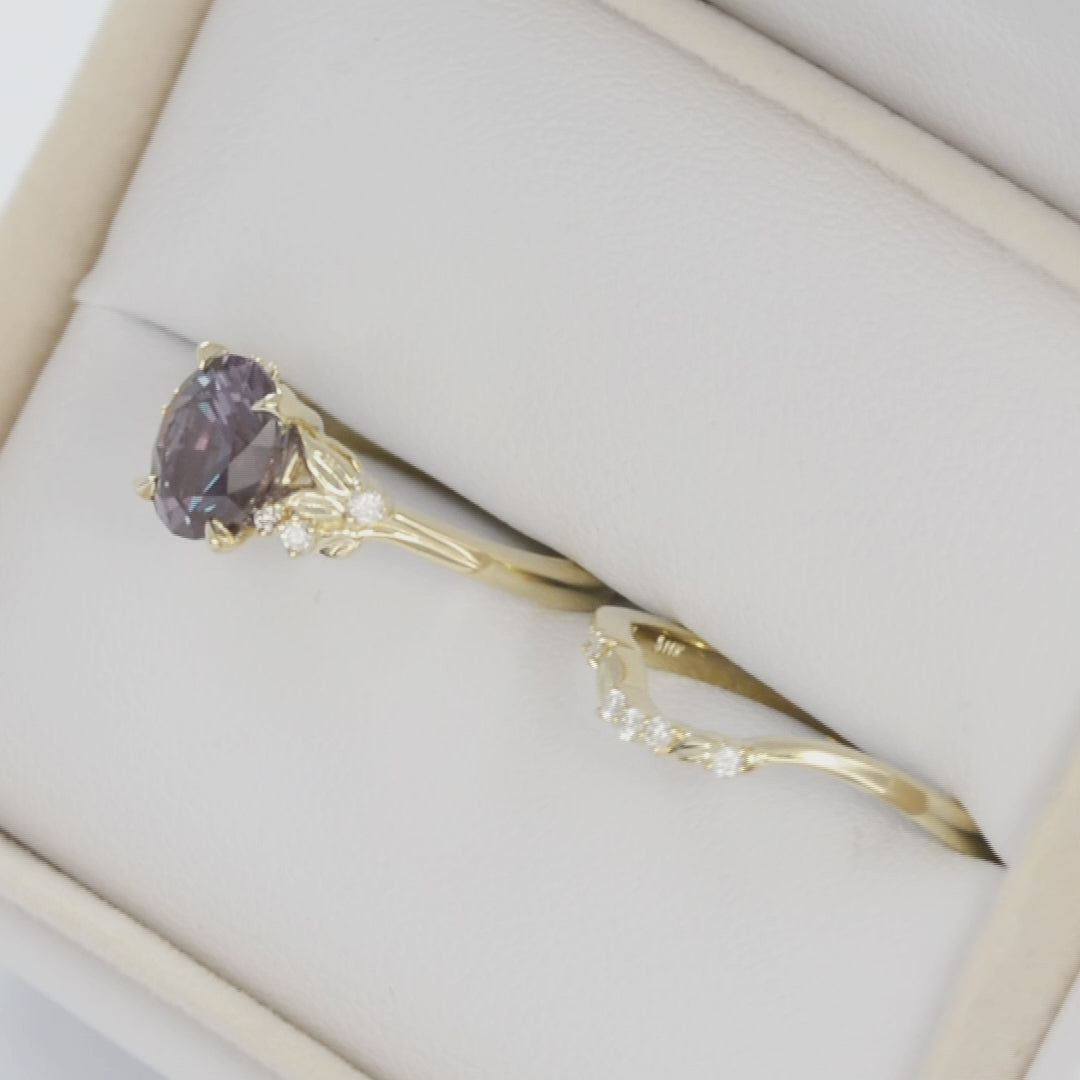 kinsley nature inspired wedding set in yellow gold with oval lab alexandrite
